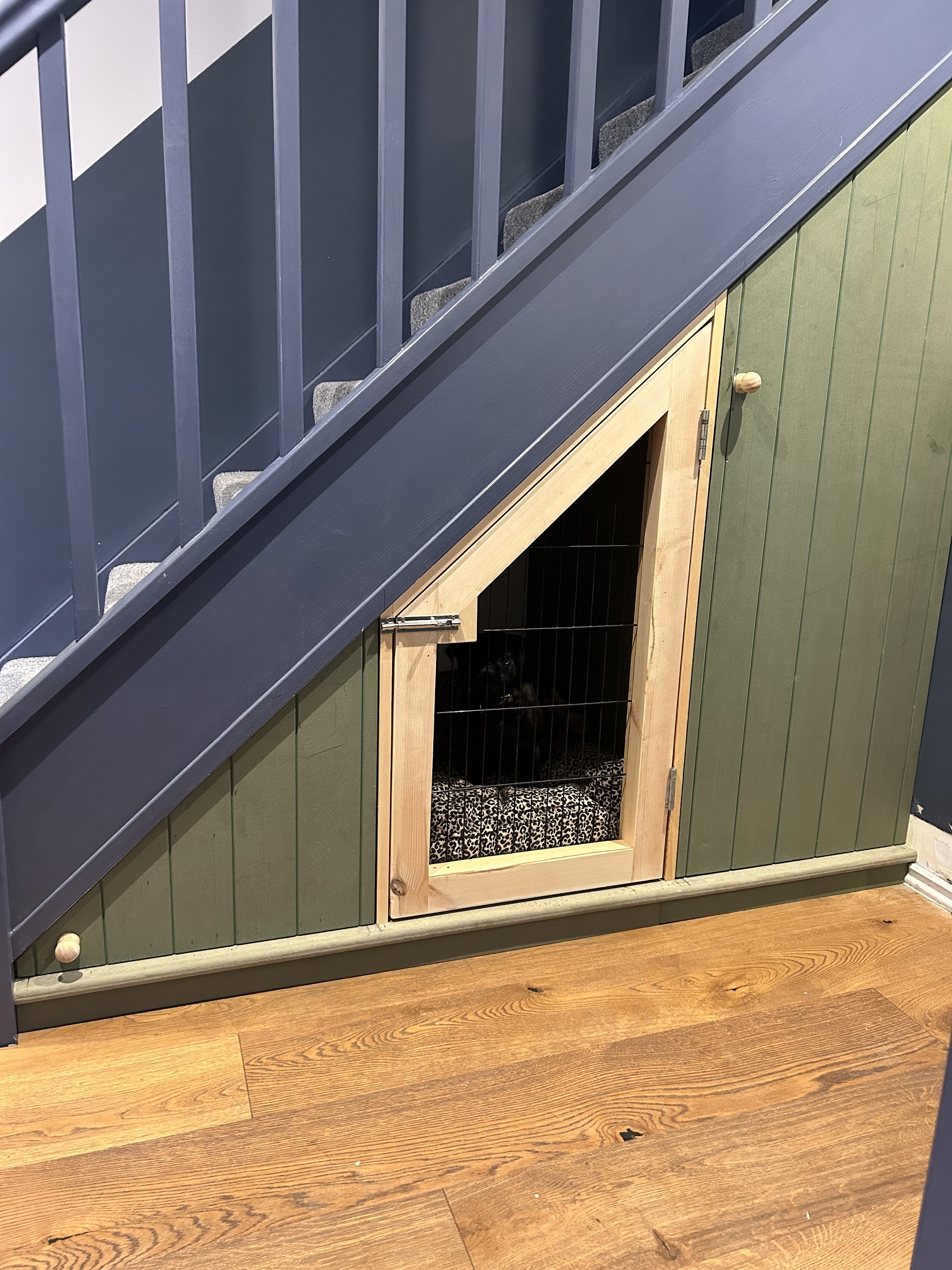 Panelled under-stairs storage with a built-in dog crate, painted sage green